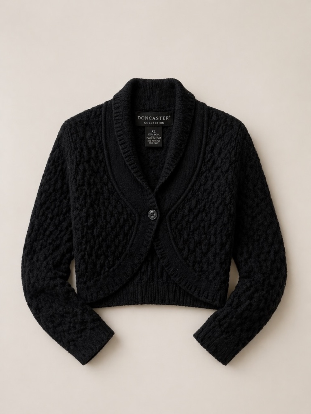Doncaster Black Wool Cropped Cardigan XL Textured Knit Bolero Luxe